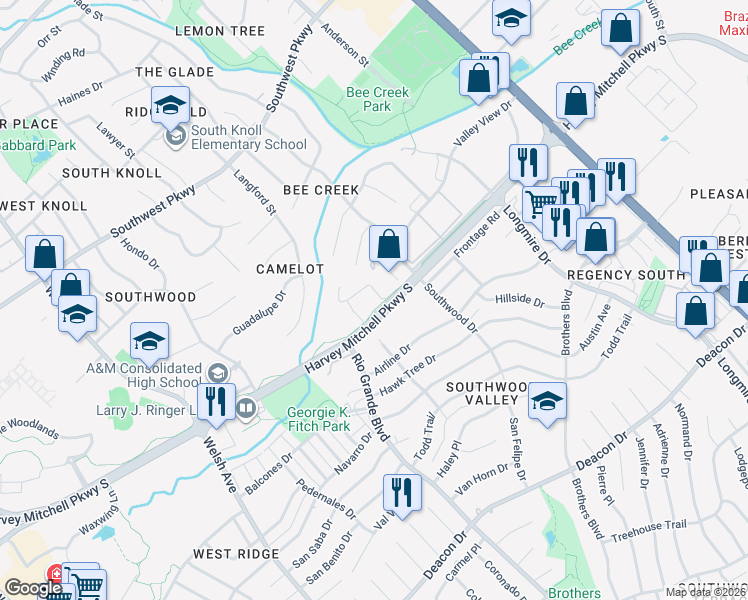 map of restaurants, bars, coffee shops, grocery stores, and more near 2015 Harvey Mitchell Parkway South in College Station