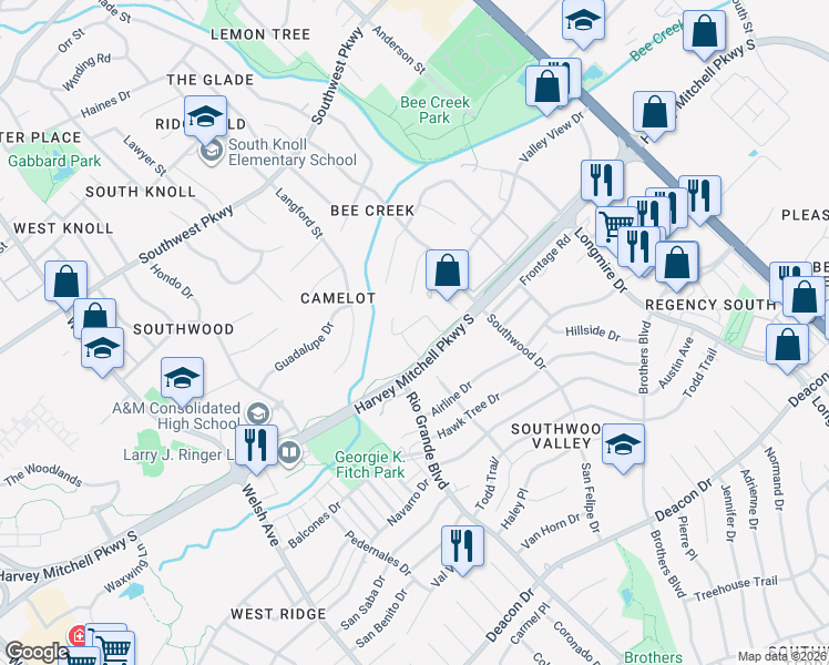 map of restaurants, bars, coffee shops, grocery stores, and more near 2015 Harvey Mitchell Parkway South in College Station
