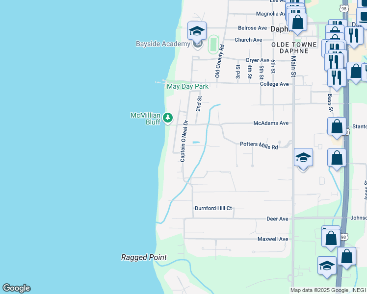 map of restaurants, bars, coffee shops, grocery stores, and more near 1114 Lovett Street in Daphne