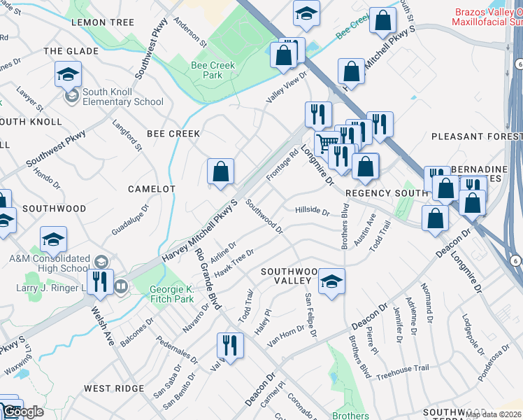 map of restaurants, bars, coffee shops, grocery stores, and more near 1321 Airline Drive in College Station