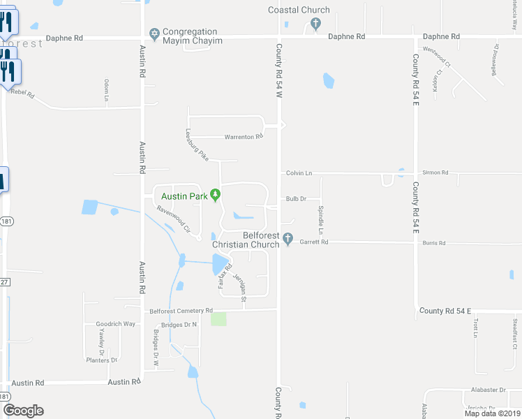 map of restaurants, bars, coffee shops, grocery stores, and more near 10904 Sterling Court in Daphne