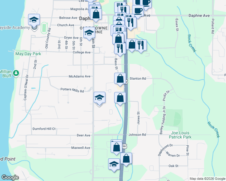 map of restaurants, bars, coffee shops, grocery stores, and more near 912 Van Avenue in Daphne