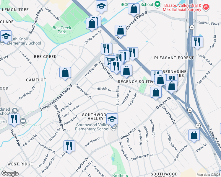 map of restaurants, bars, coffee shops, grocery stores, and more near 1524 Hillside Drive in College Station