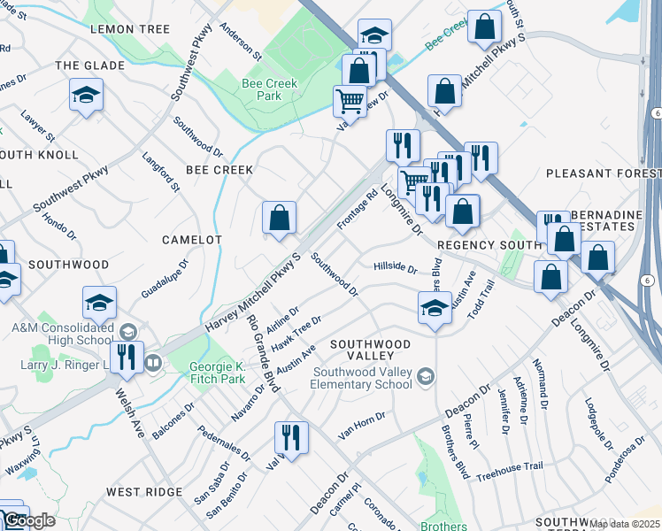 map of restaurants, bars, coffee shops, grocery stores, and more near 1321 Airline Drive in College Station