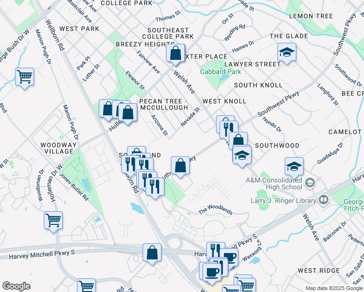 map of restaurants, bars, coffee shops, grocery stores, and more near 503 Southwest Parkway in College Station