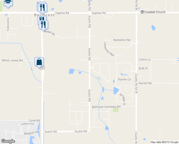 map of restaurants, bars, coffee shops, grocery stores, and more near Austin Road in Daphne
