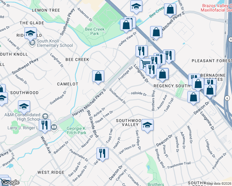map of restaurants, bars, coffee shops, grocery stores, and more near 1321 Airline Drive in College Station
