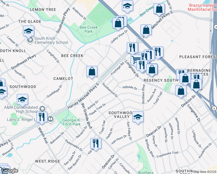 map of restaurants, bars, coffee shops, grocery stores, and more near 1323 Airline Drive in College Station