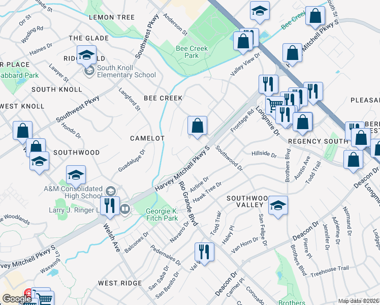map of restaurants, bars, coffee shops, grocery stores, and more near 2015 Harvey Mitchell Parkway South in College Station