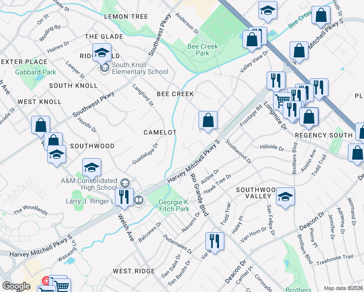 map of restaurants, bars, coffee shops, grocery stores, and more near 1951 Harvey Mitchell Parkway South in College Station
