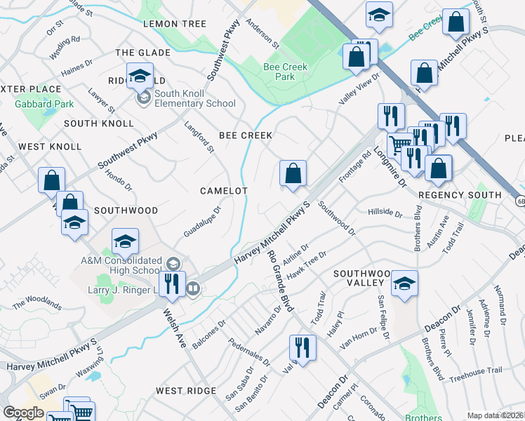 map of restaurants, bars, coffee shops, grocery stores, and more near 1301 Augustine Court in College Station