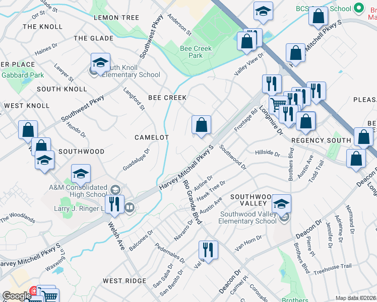 map of restaurants, bars, coffee shops, grocery stores, and more near 2049 Harvey Mitchell Parkway South in College Station