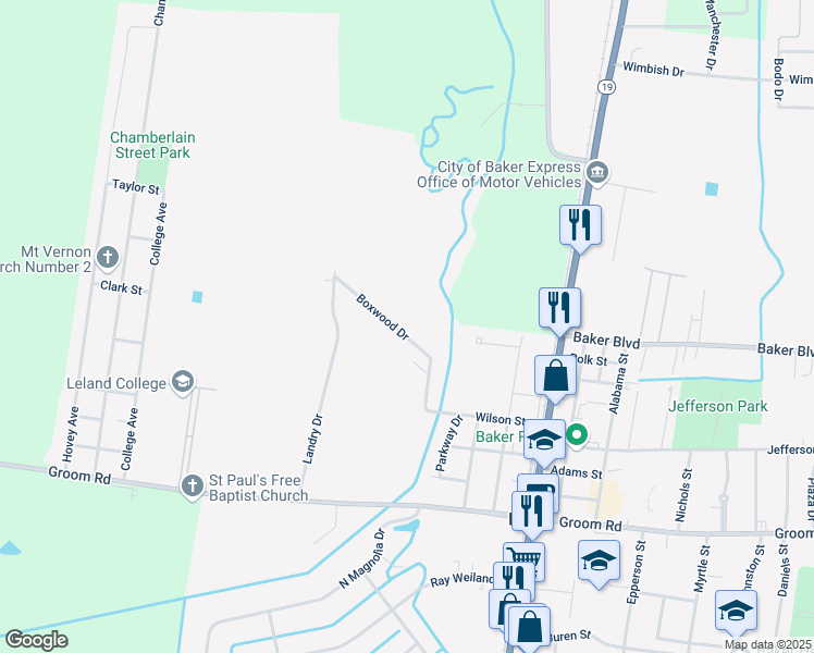 map of restaurants, bars, coffee shops, grocery stores, and more near 2513 Boxwood Drive in Baker