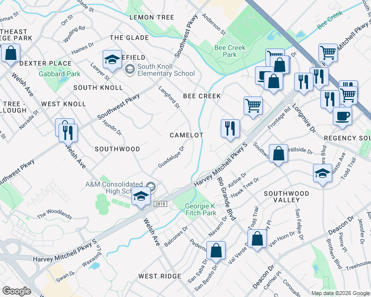 map of restaurants, bars, coffee shops, grocery stores, and more near 2005 Langford Street in College Station