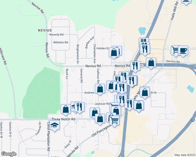 map of restaurants, bars, coffee shops, grocery stores, and more near 4588 Calhoun Road in Mobile