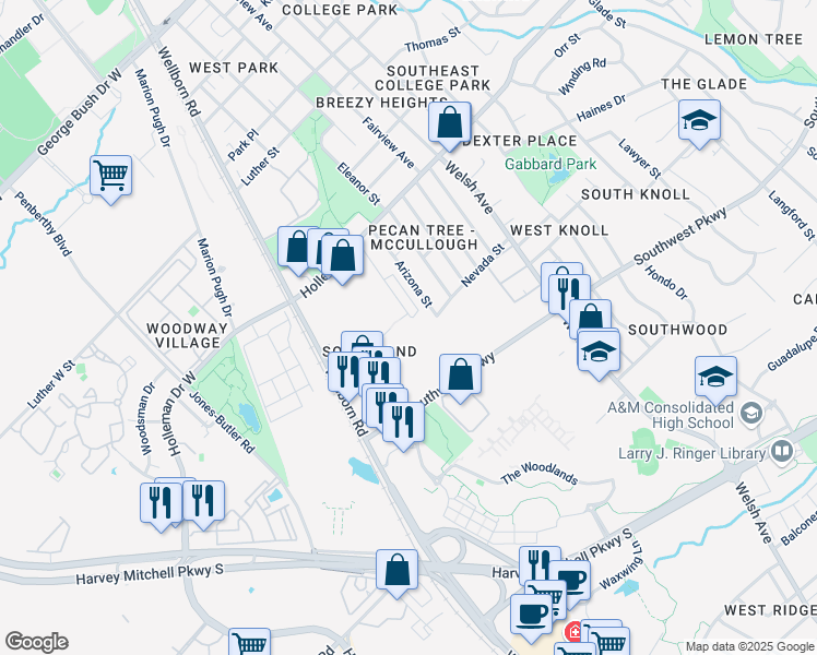 map of restaurants, bars, coffee shops, grocery stores, and more near 1214 Arizona Street in College Station