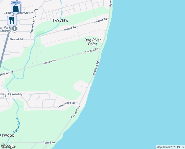 map of restaurants, bars, coffee shops, grocery stores, and more near 3784 Bayfront Road in Mobile