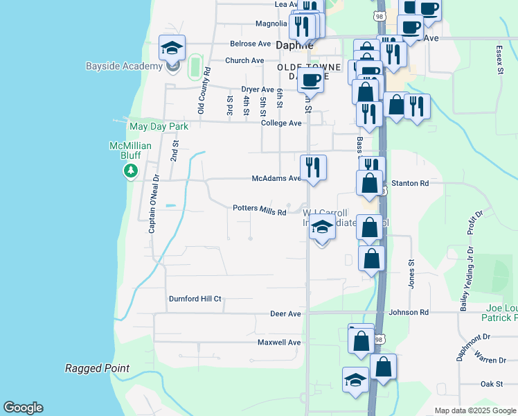 map of restaurants, bars, coffee shops, grocery stores, and more near 403 Potters Mills Road in Daphne
