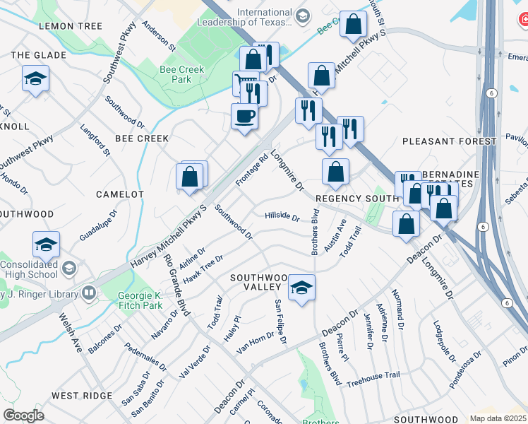 map of restaurants, bars, coffee shops, grocery stores, and more near 1409 Hillside Drive in College Station