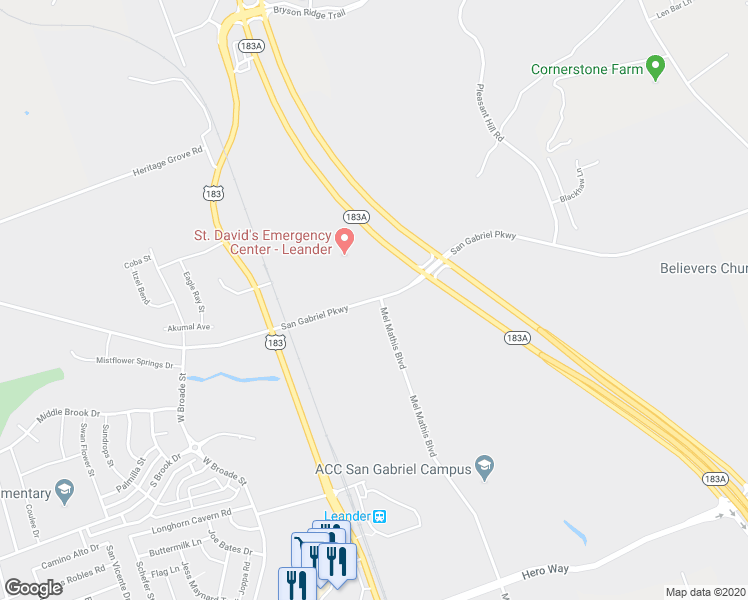 map of restaurants, bars, coffee shops, grocery stores, and more near San Gabriel Parkway in Leander
