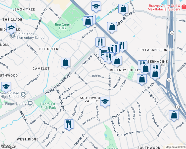 map of restaurants, bars, coffee shops, grocery stores, and more near 1413 Hillside Drive in College Station