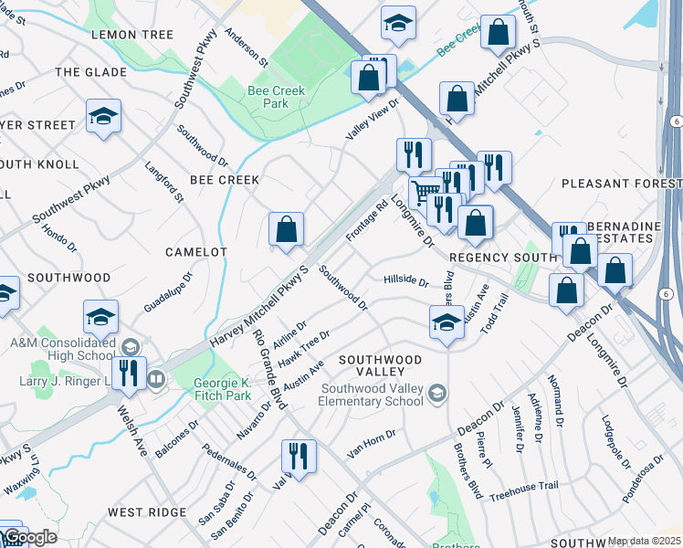 map of restaurants, bars, coffee shops, grocery stores, and more near 1407 Summit Street in College Station