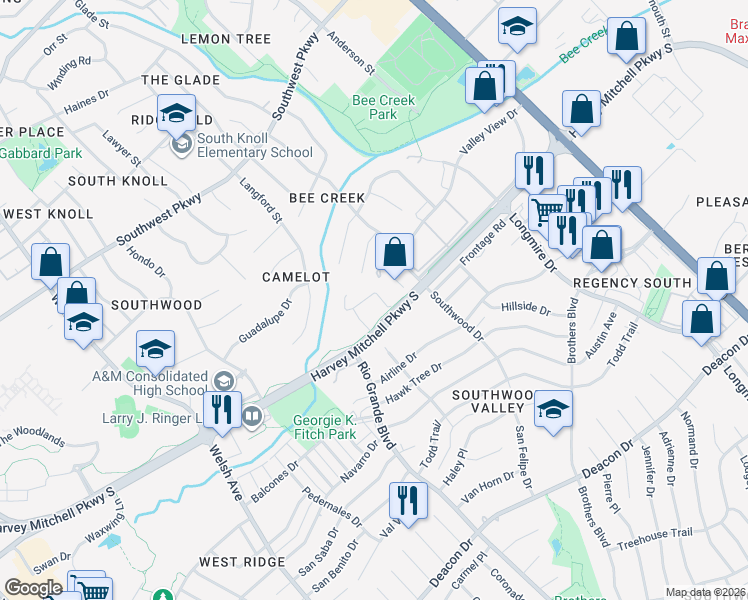 map of restaurants, bars, coffee shops, grocery stores, and more near 2049 Harvey Mitchell Parkway South in College Station