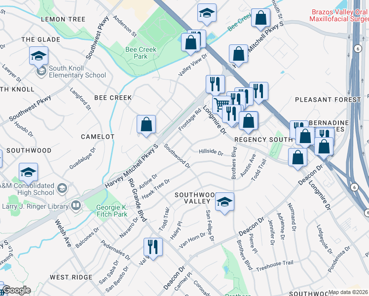 map of restaurants, bars, coffee shops, grocery stores, and more near 1411 Airline Drive in College Station