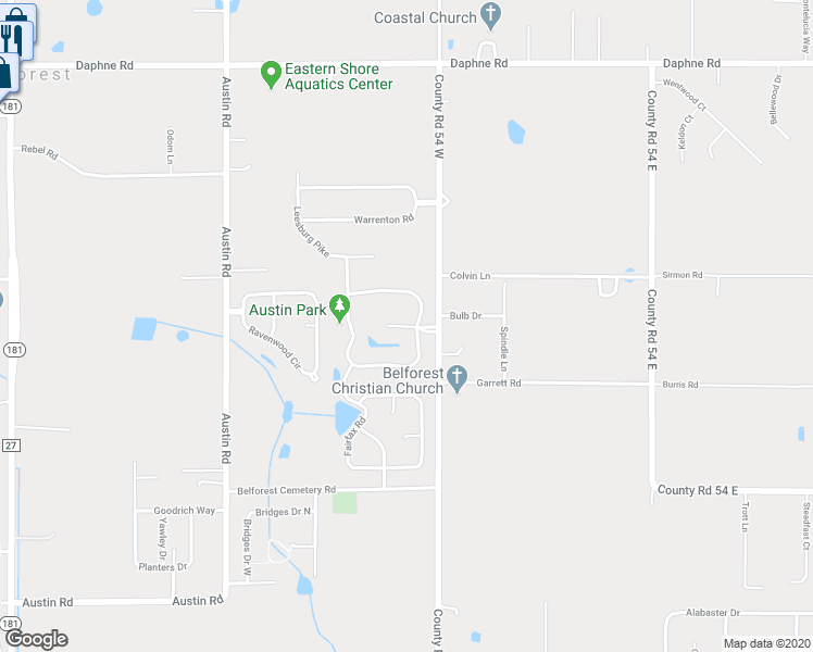 map of restaurants, bars, coffee shops, grocery stores, and more near 25400 Co Road 54 West in Daphne