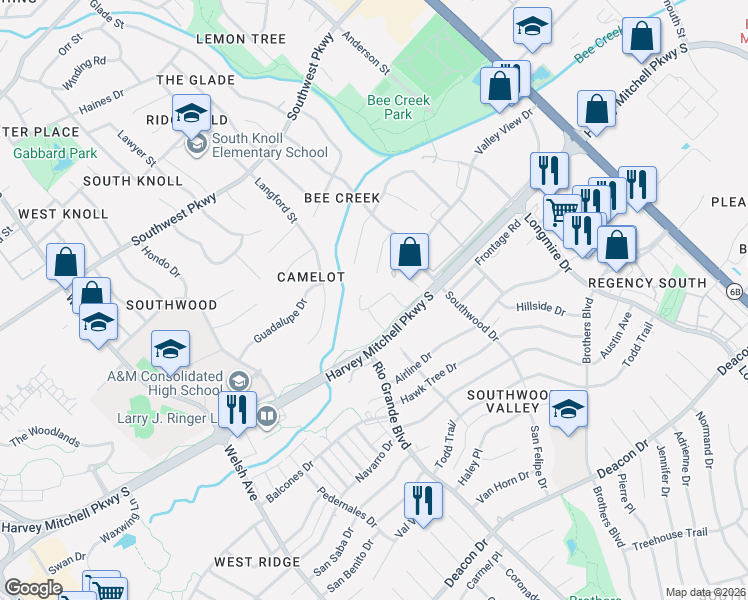 map of restaurants, bars, coffee shops, grocery stores, and more near 1301 Augustine Court in College Station