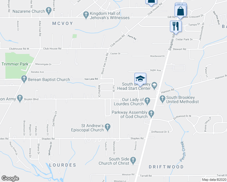 map of restaurants, bars, coffee shops, grocery stores, and more near 1810 Pake Avenue in Mobile