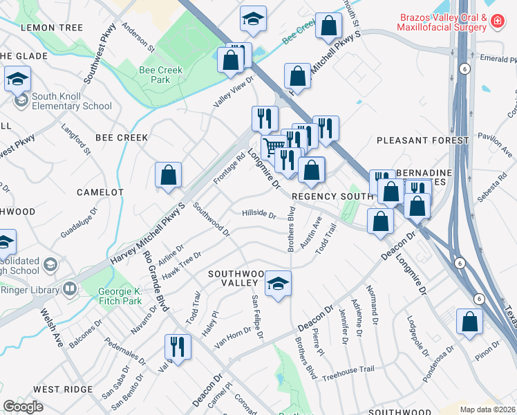 map of restaurants, bars, coffee shops, grocery stores, and more near 1429 Hillside Drive in College Station