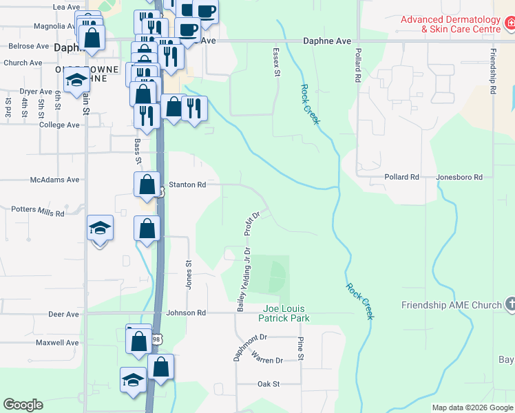 map of restaurants, bars, coffee shops, grocery stores, and more near 1040 Stanton Rd in Daphne