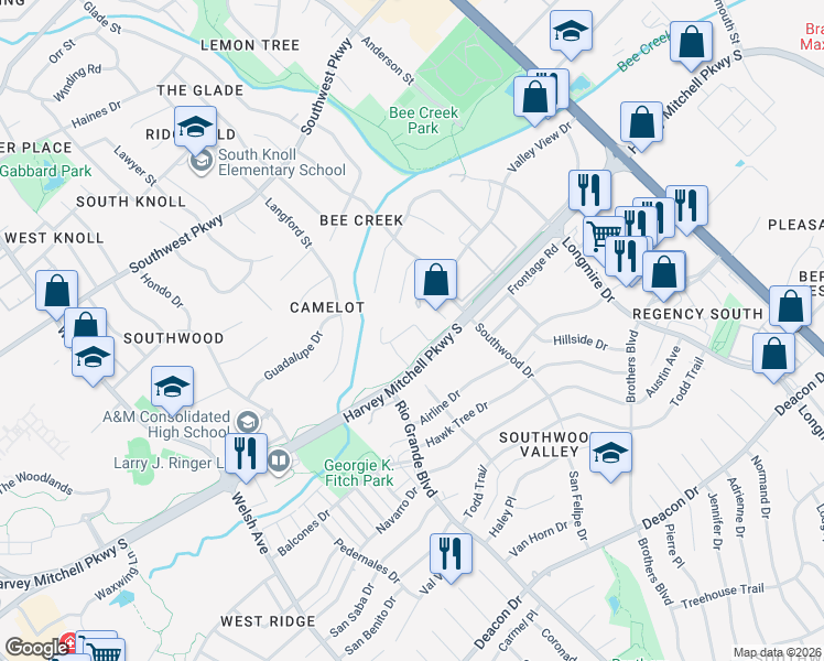 map of restaurants, bars, coffee shops, grocery stores, and more near 2049 Harvey Mitchell Parkway South in College Station