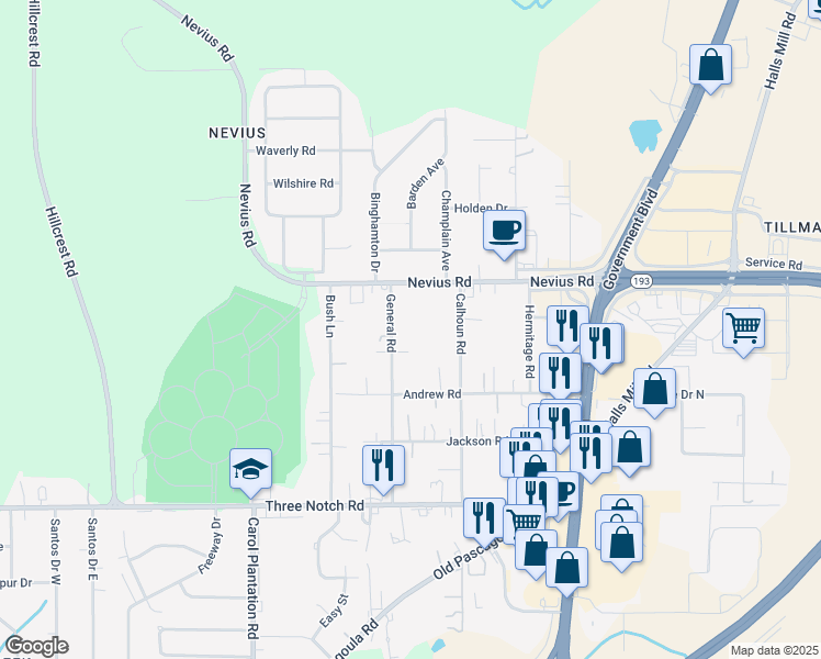 map of restaurants, bars, coffee shops, grocery stores, and more near 4609 General Road in Mobile