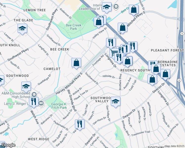 map of restaurants, bars, coffee shops, grocery stores, and more near 1407 Summit Street in College Station