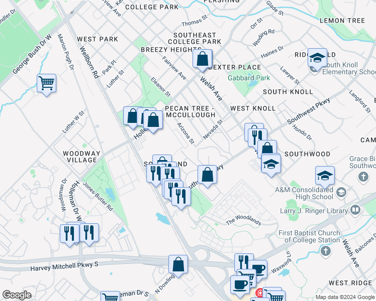 map of restaurants, bars, coffee shops, grocery stores, and more near 1214 Arizona Street in College Station