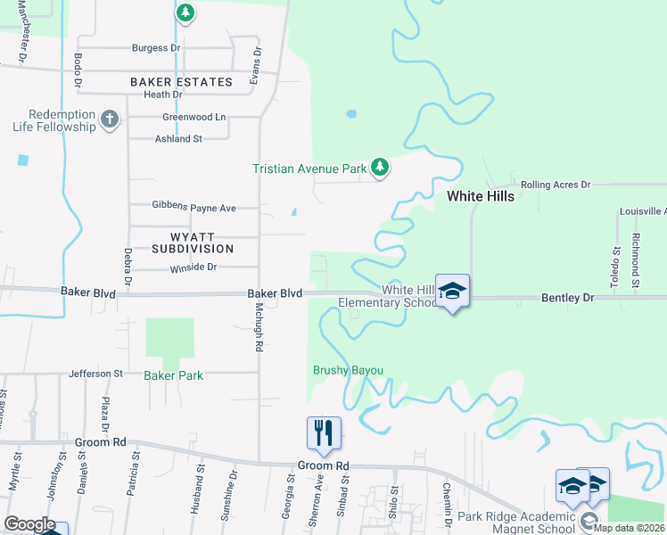 map of restaurants, bars, coffee shops, grocery stores, and more near 5169 Baker Boulevard in Baker