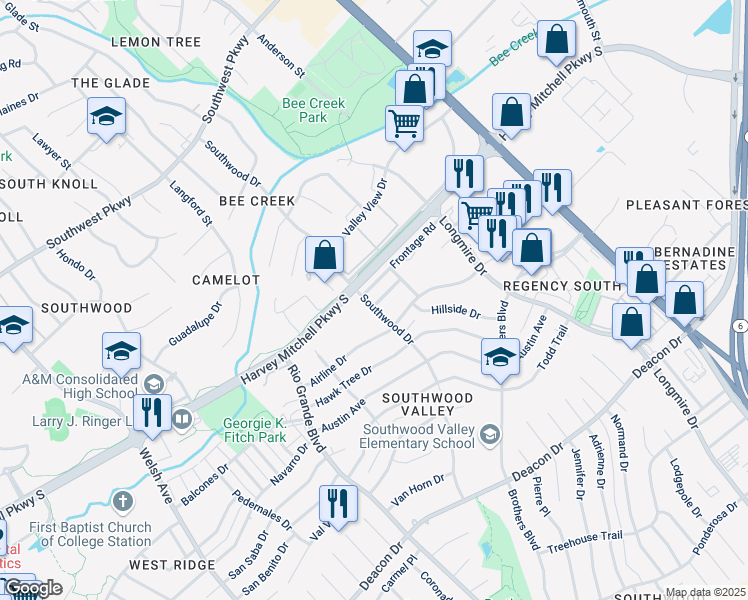 map of restaurants, bars, coffee shops, grocery stores, and more near 1401 Summit Street in College Station