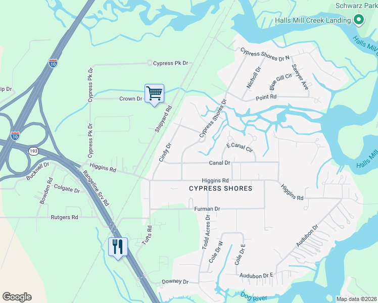 map of restaurants, bars, coffee shops, grocery stores, and more near 4587 Cypress Shores Dr in Mobile