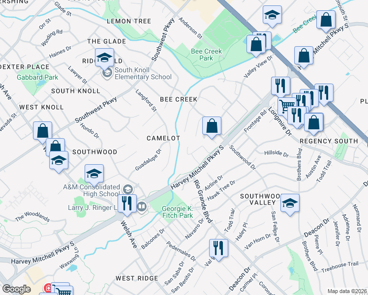 map of restaurants, bars, coffee shops, grocery stores, and more near 1301 Augustine Court in College Station