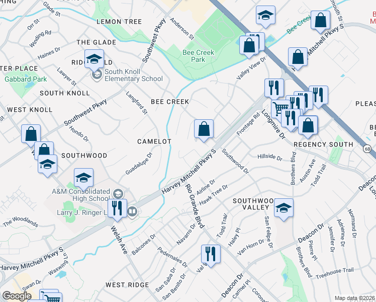 map of restaurants, bars, coffee shops, grocery stores, and more near 1301 Augustine Court in College Station