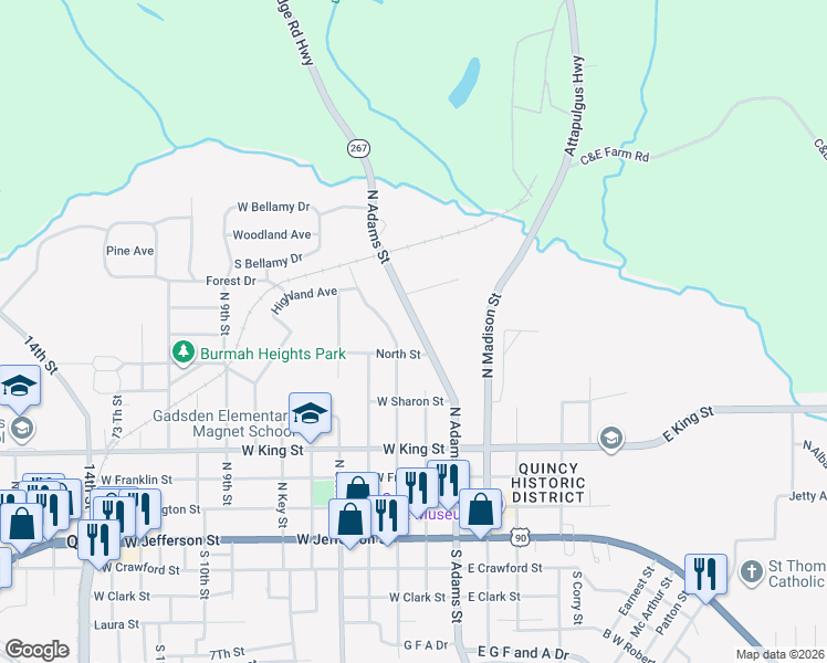 map of restaurants, bars, coffee shops, grocery stores, and more near 542 North Adams Street in Quincy