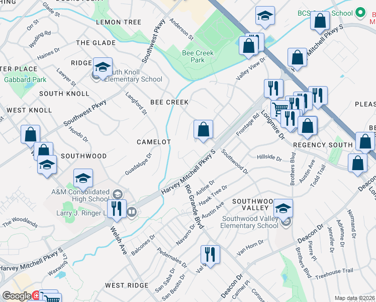map of restaurants, bars, coffee shops, grocery stores, and more near 2049 Harvey Mitchell Parkway South in College Station