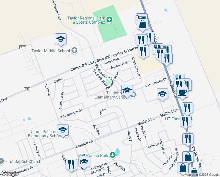 map of restaurants, bars, coffee shops, grocery stores, and more near 803 Yellowstone Drive in Taylor