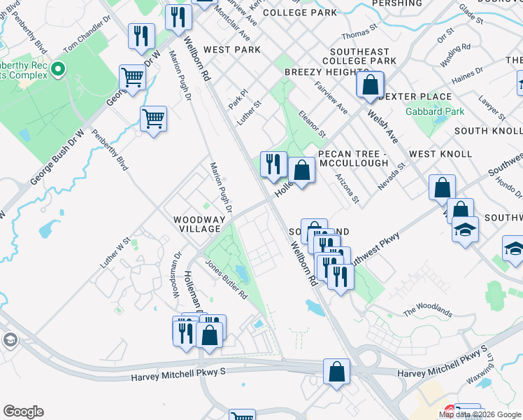 map of restaurants, bars, coffee shops, grocery stores, and more near 117 Holleman Drive in College Station