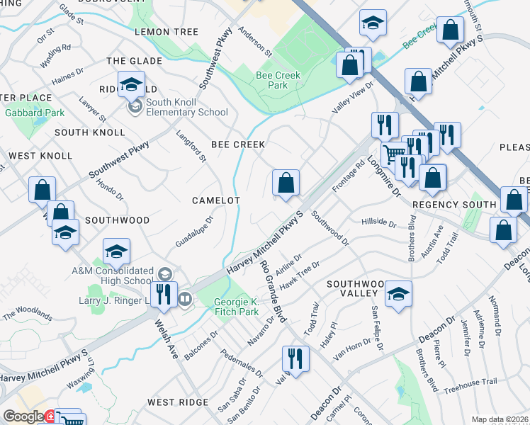 map of restaurants, bars, coffee shops, grocery stores, and more near 2049 Harvey Mitchell Parkway South in College Station