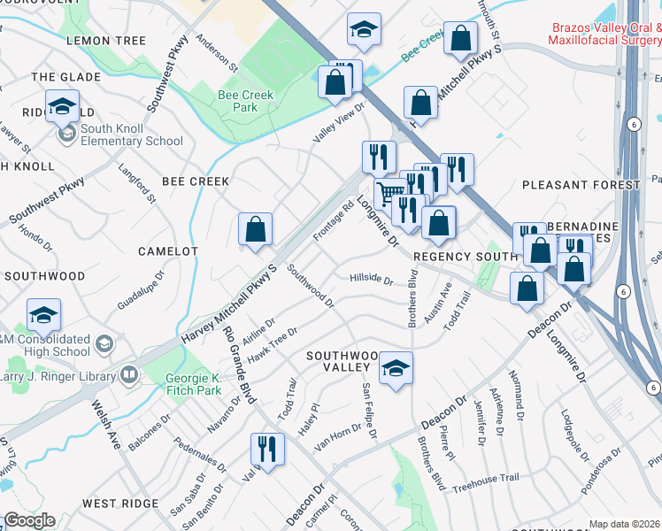 map of restaurants, bars, coffee shops, grocery stores, and more near 1411 Airline Drive in College Station