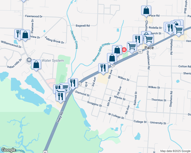 map of restaurants, bars, coffee shops, grocery stores, and more near 3701 Florida 10 in Pace