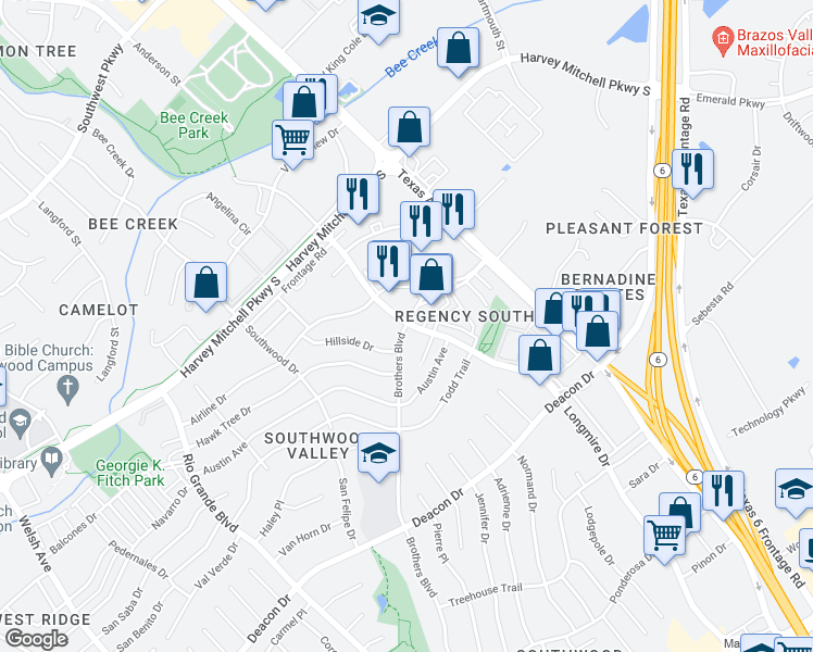 map of restaurants, bars, coffee shops, grocery stores, and more near 1800b Brothers Boulevard in College Station